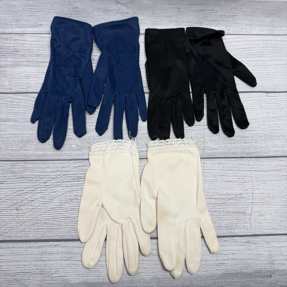 3 Vintage Evening Dress Gloves Nylon Black Blue White